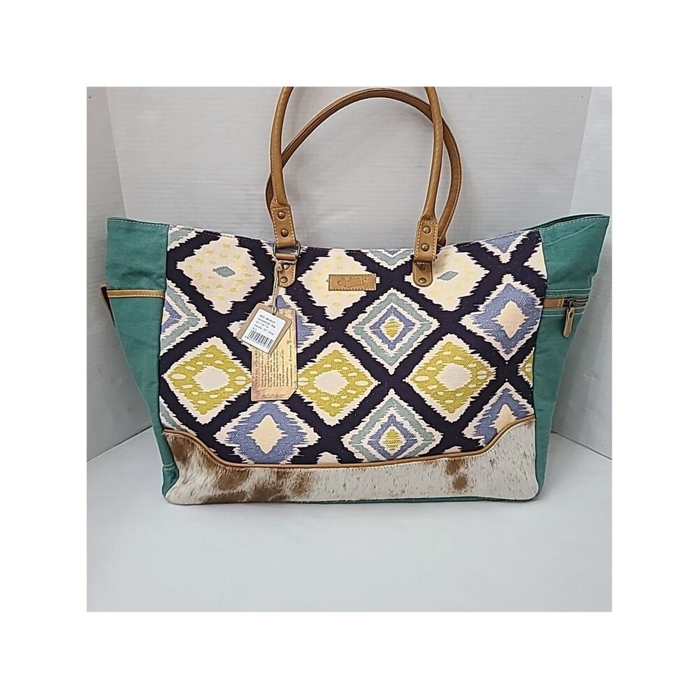 New Sixtease Tote Weekender Bag Leather Canvas Boho Southwestern Multi Textures - Picture 3 of 12